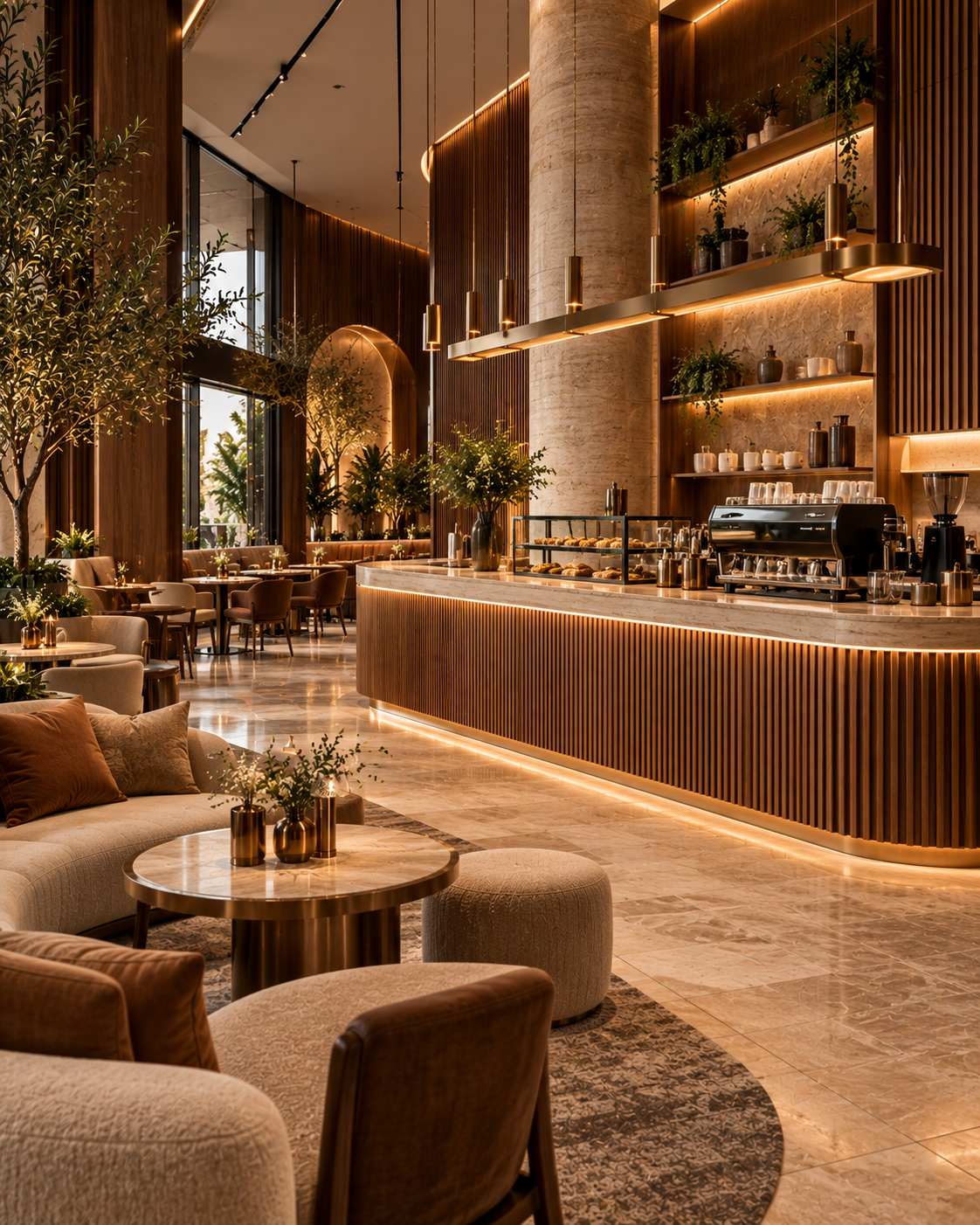 Agencement de café contemporain avec comptoir sur mesure